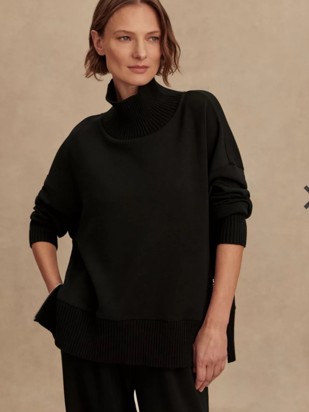 Varley Barker Turtleneck Sweatshirt, Black, Oversized, Side Zippers, Size Small